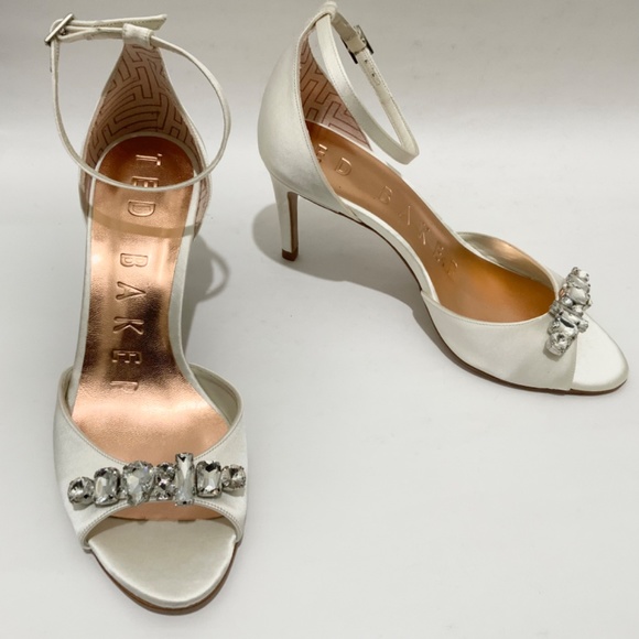 Ted Baker Gleamy Crystal Embellished White Satin Sandals Open Toe Evening Shoes - Picture 6 of 10